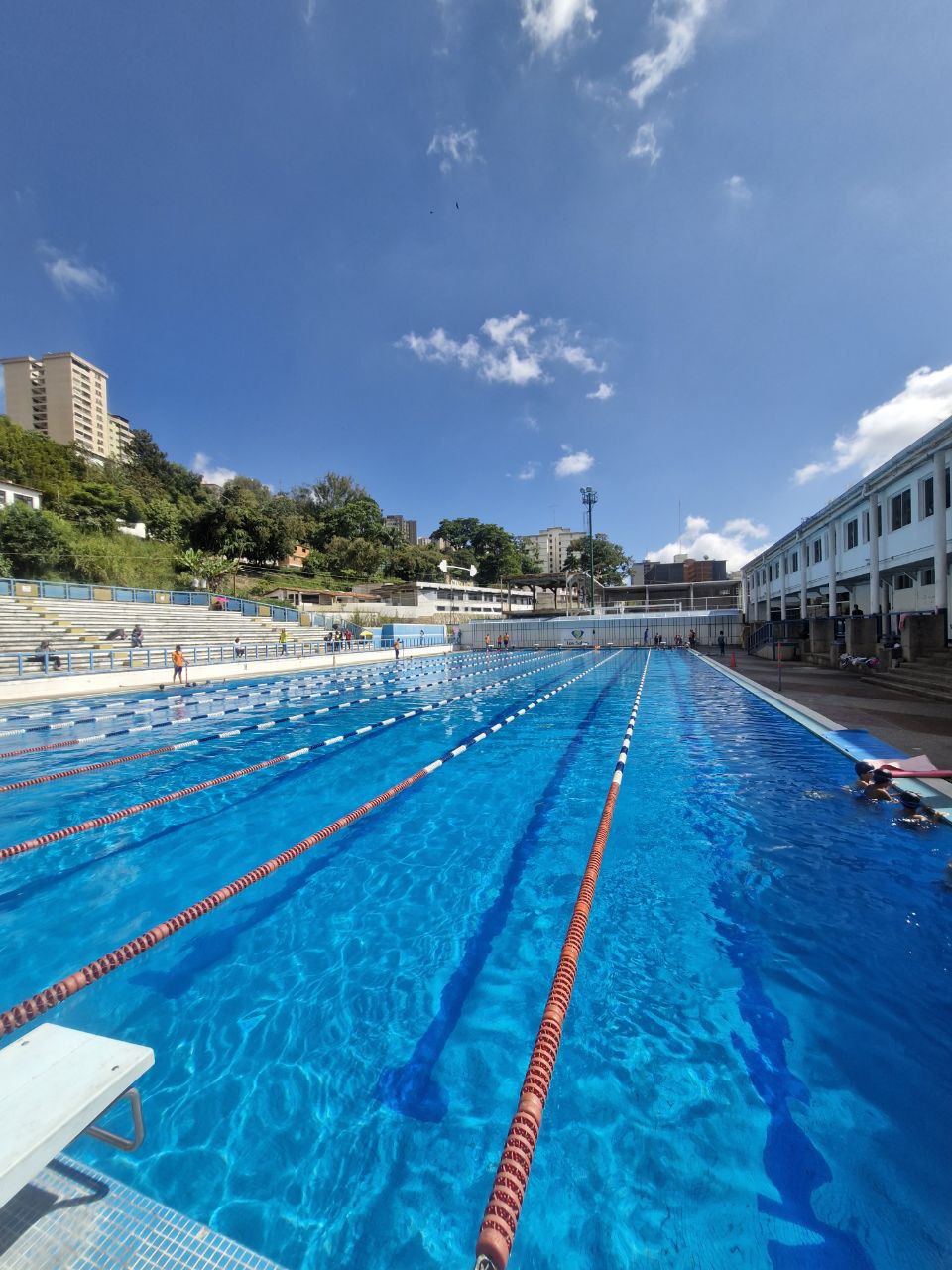 Nadador entrenando en una piscina azul